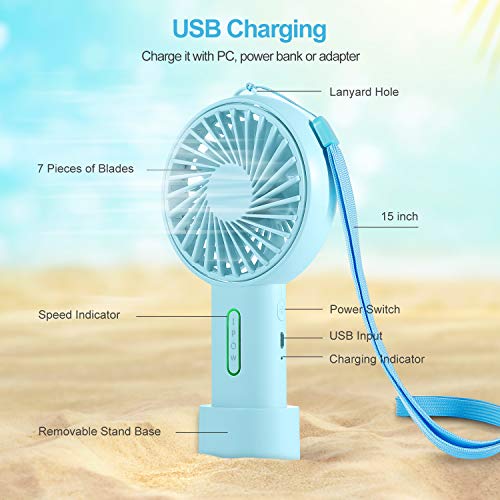 IPOW Mini Handheld Fan Personal Portable Fan 3 Speed Adjustable Angle Removable Base Lanyard USB Recharging Battery Operated