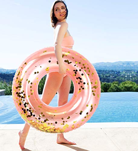 CoTa Global Inflatable Pool Float Tube Confetti 36 Inches Premium Swim Ring Heavy Duty Vinyl Flotation Pool Floats Toy for The Beach, Party, Vacation, UV Resistant - Pool Party (Rose Gold)
