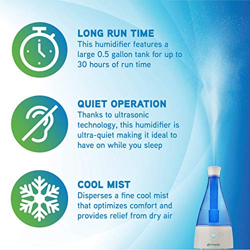 Ultrasonic Cool Mist Humidifier, 30 Hrs. Run Time, 0.5 Gal. Tank Capacity, 350 Sq. Ft. Coverage, Quiet, Filter Free, Treated Tank Resists Mold