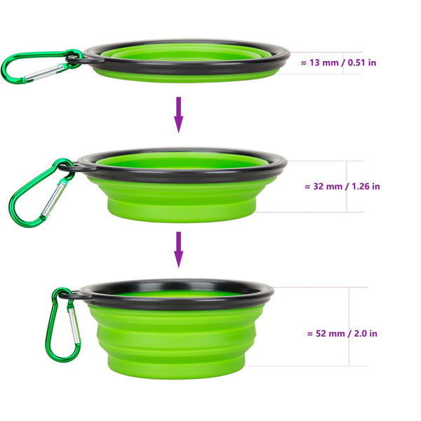 Portable Silicone Pet Bowl, 5 Inches, Foldable Expandable Water Feeding Travel Bowl for Pet Dog Cat and Small Animals (Set of 2, Purple+Green)