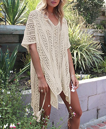 Jeasona Women’s Bathing Suit Cover Up Beach Bikini Swimsuit Swimwear Crochet Dress (Beige, M)