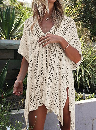 Jeasona Women’s Bathing Suit Cover Up Beach Bikini Swimsuit Swimwear Crochet Dress (Beige, M)