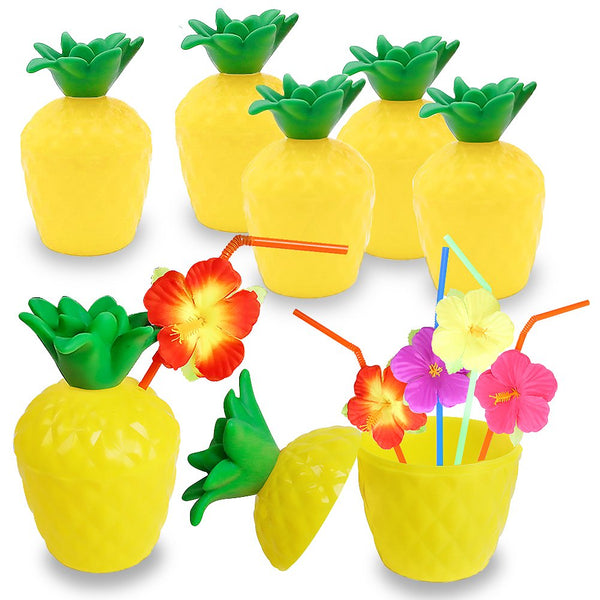 Pineapple Drink Cups with Flower Straws, 12 pack