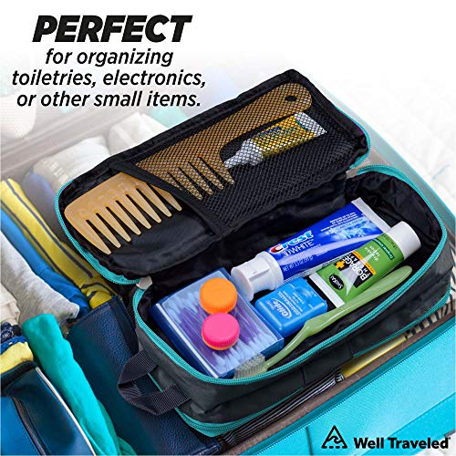 Well Traveled Travel Toiletry Bag – for Makeup, Cosmetics, Shaving Kit, Hand Sanitizer, Disinfectant, Soap - Multicolor Organizer for Men, Women - Compact, 3 Compartments, Soft-Sided, 10x4.5x4 Inch