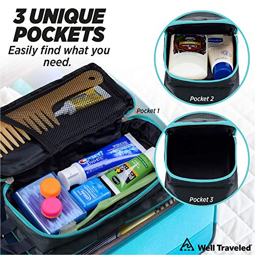 Well Traveled Travel Toiletry Bag – for Makeup, Cosmetics, Shaving Kit, Hand Sanitizer, Disinfectant, Soap - Multicolor Organizer for Men, Women - Compact, 3 Compartments, Soft-Sided, 10x4.5x4 Inch