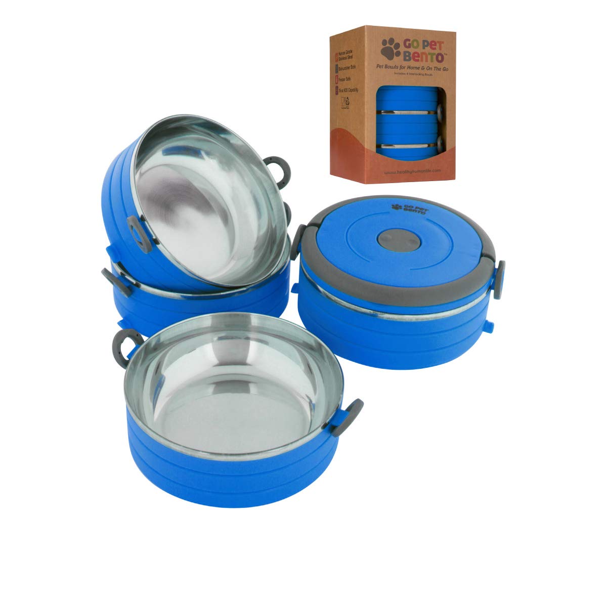 Healthy Human Portable Dog & Pet Travel Bowls with Lid - Human Grade Stainless Steel - Ideal for Food & Water - Blue - 4 Bowl Set