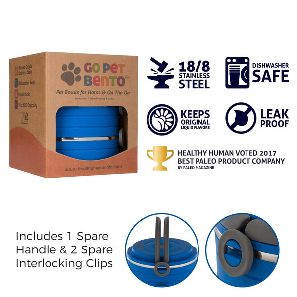 Healthy Human Portable Dog & Pet Travel Bowls with Lid - Human Grade Stainless Steel - Ideal for Food & Water - Blue - 4 Bowl Set