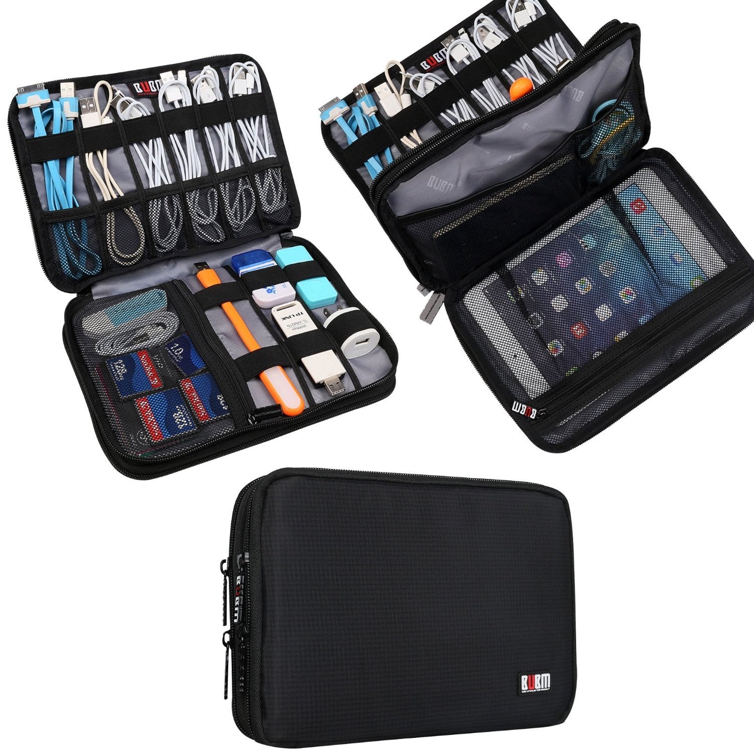 cords and electronics fitted into travel electronics organizer