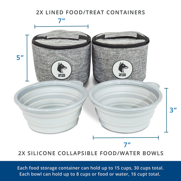 Top Dog Travel Bag - Airline Approved Travel Set for Dogs of All Sizes - Stores All Your Dog Accessories - Includes Travel Bag, 2x Food Storage Containers and 2x Collapsible Dog Bowls - Gray