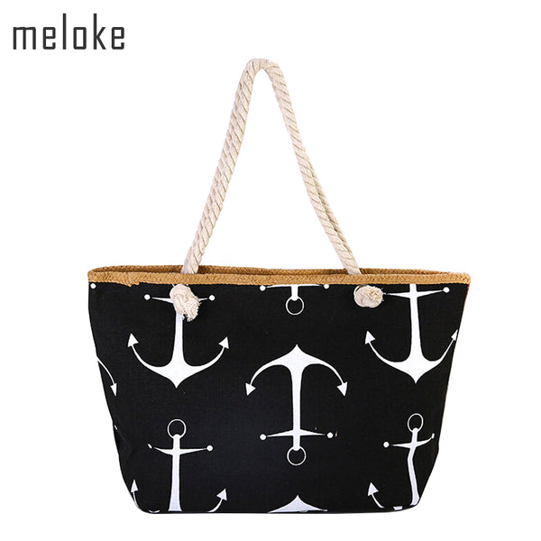 Women Large Capacity Summer Bag Hemp Rope Straw Weave Printed Anchor Canvas Bag Shopping Big Tote Beach Bag