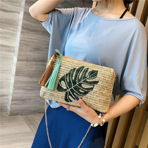 Tropical Leaves Woven Rattan Handbag