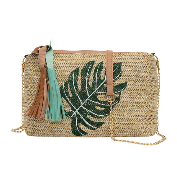 Tropical Leaves Woven Rattan Handbag