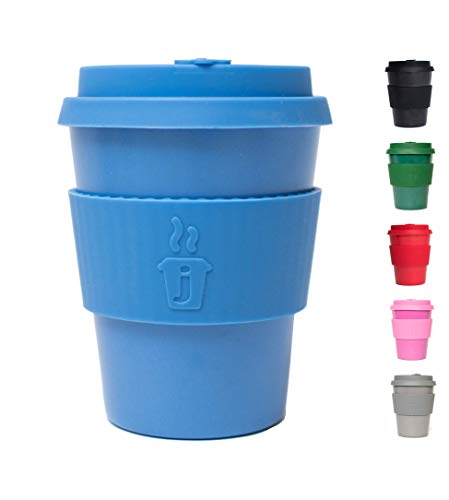 Premium Reusable Coffee Cup for Travel To Go 12oz | Takeaway Bamboo Mug with Lid & Spill Stopper | Plastic & BPA Free | Dishwasher Safe Portable Eco Cup | Organic Bamboo Fiber | Blue