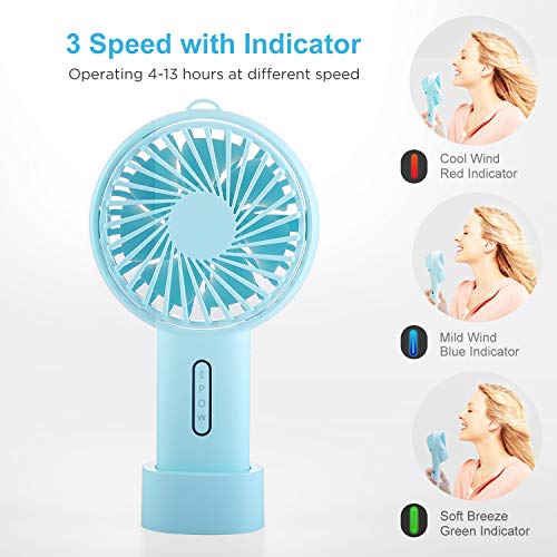 IPOW Mini Handheld Fan Personal Portable Fan 3 Speed Adjustable Angle Removable Base Lanyard USB Recharging Battery Operated
