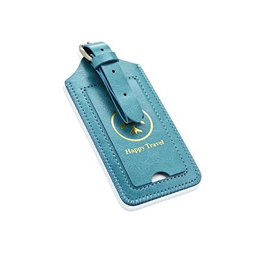 2 Pack Luggage Tags, ACdream Premium PU Leather Case Name Luggage Bag Tags for Travel Bag Suitcase Set with Name ID Labels, Sky Blue