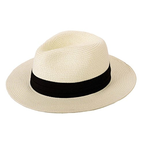 Anycosy Panama Straw Hat,Womens Sun Hats Summer Wide Brim Floppy Fedora Beach Cap UPF50+（A01-Beige）