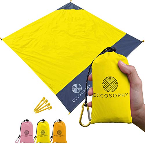 ECCOSOPHY Sand Proof Beach Blanket - 100% Waterproof Picnic Blanket 65x55 - Outdoor Compact Pocket Blanket - Lightweight Ground Cover for Hiking, Camping, Festivals, Sports, Travel- with Bag & Stakes