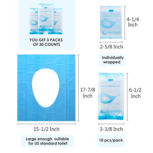 Disposable Toilet Seat Covers - 30 Counts Travel Set Waterproof Individually Wrapped Portable Travel Toilet Seat Covers for Adults Kids Toddler Potty Training Public Toilet Cruise Plane Train, 3 Packs