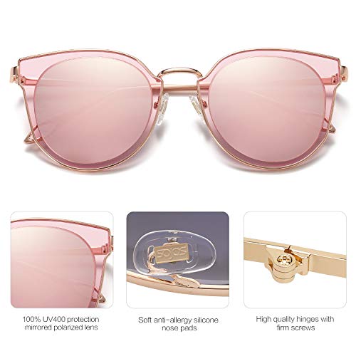 SOJOS Fashion Round Polarized Sunglasses for Women UV400 Mirrored Lens SJ1057 with Rose Gold Frame/Pink Mirrored Lens