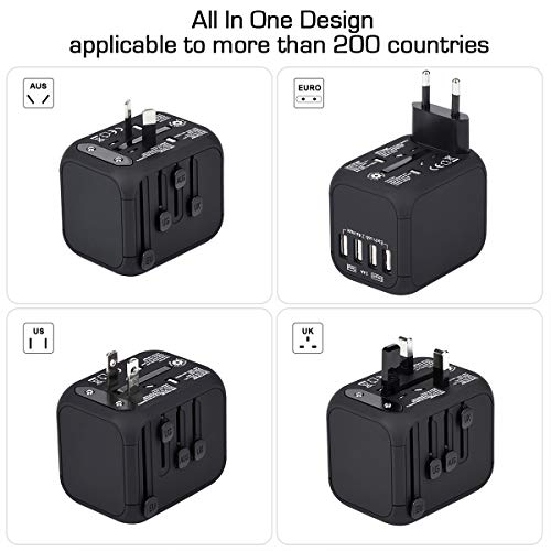 Upgraded Universal Travel Adapter, Castries All-in-one Worldwide Travel Charger Travel Socket, International Power Adapter with 4 USB Ports, AC Plug for Over 150 Countries, Travel Accessories, Black