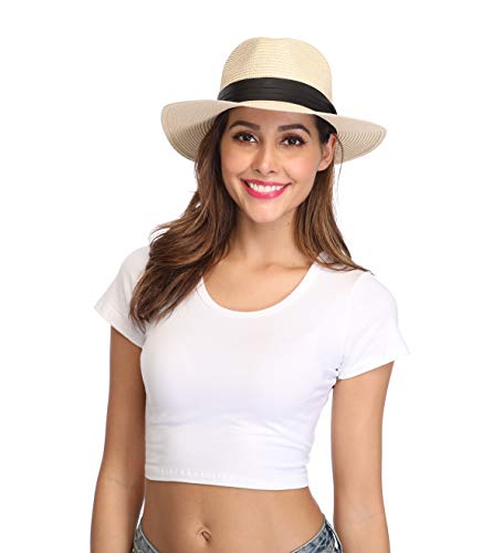 Lanzom Women Wide Brim Straw Panama Roll up Hat Fedora Beach Sun Hat UPF50+ (A-Khaki)