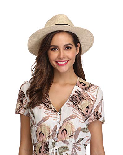 Lanzom Women Wide Brim Straw Panama Roll up Hat Fedora Beach Sun Hat UPF50+ (A-Khaki)