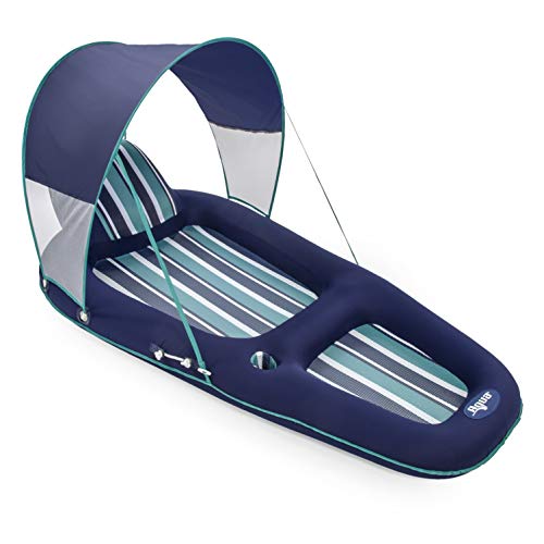 Aqua Oversized Deluxe Pool Lounger, Inflatable Pool Float with UPF 50 Sunshade Canopy, Heavy Duty, X-Large, Navy/Aqua/White Stripe