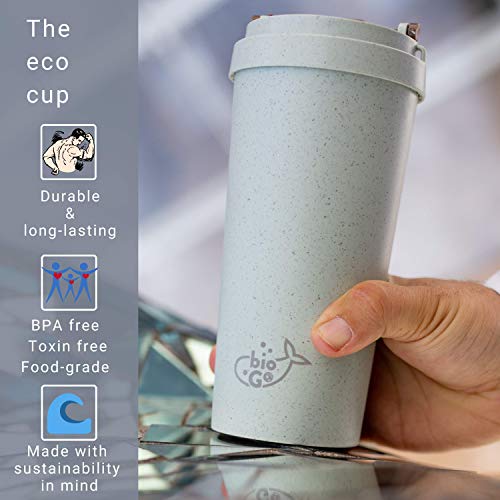 bioGo Cup | Rice Husk Fibre | BPA-Free, Double Wall Insulation Reusable Coffee Cups | Office, Car, On-The-Go Travel Mug | Screw Tight Lid, Secure Mouthpiece | Textured Grip | (Gray, 16oz)