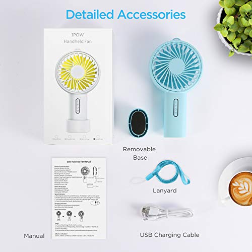 IPOW Mini Handheld Fan Personal Portable Fan 3 Speed Adjustable Angle Removable Base Lanyard USB Recharging Battery Operated