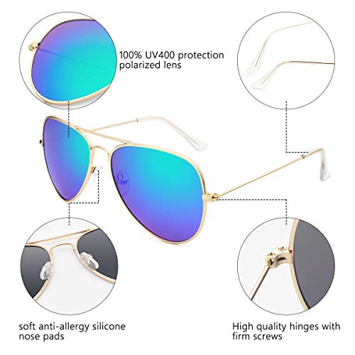 Livhò Sunglasses for Men Women Aviator Polarized Metal Mirror UV 400 Lens Protection (Black Grey + Blue Green)