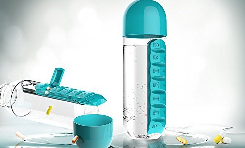 Asobu Combine Daily Pill Box Organizer with Water Bottle, 20 oz, Black (Blue)