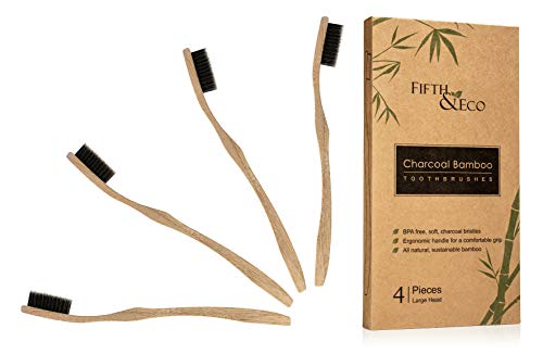 Fifth & Eco Eco-friendly Premium Bamboo Toothbrushes (Pack of 4)|Natural bamboo toothbrush with Soft Charcoal Bristles | Eco toothbrush with biodegradable, ergonomic handle | Wooden toothbrushes
