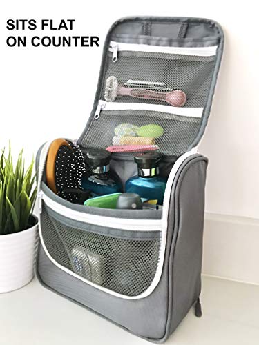 WAYFARER SUPPLY Hanging Toiletry Bag for Women: Pack-it-flat Travel Bag w Jewelry Organizer Fits Full Sized Travel Accessories, Grey