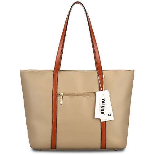 YALUXE Tote for Women Leather Nylon Shoulder Bag Women's Oxford Nylon Large Capacity Work fit 15.6 inch brown&Tan
