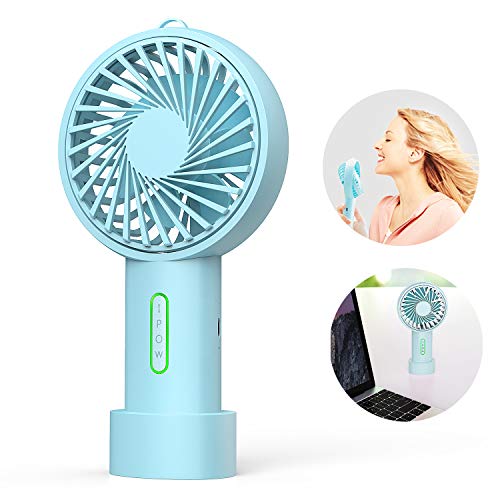 IPOW Mini Handheld Fan Personal Portable Fan 3 Speed Adjustable Angle Removable Base Lanyard USB Recharging Battery Operated
