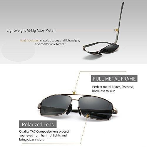 SUNGAIT Ultra Lightweight Rectangular Polarized Sunglasses UV400 Protection (Gunmetal Frame Gray Lens, 62) Metal Frame 2458 QKH