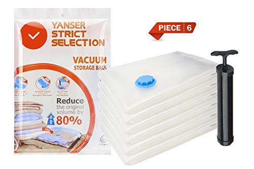 YANSER Space Saver Bags Vacuum Storage Bags for Clothes，6 Small，20” ×28”, Travel Pump, Reusable Durable & Waterproof, 80% Space Saved, 6 Pack Small Travel Storage Bags