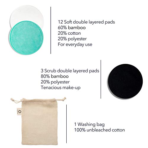 Reusable Cotton Rounds | Zero Waste Eco-Friendly Makeup Remover Pads | 15 Natural & Organic Double Layered Face Pads with Laundry Bag | Soft for All Skin Types | Bamboo Cloths for Facial Cleansing