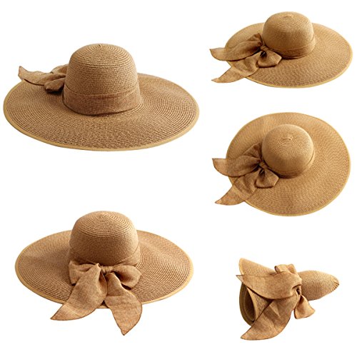 Lanzom Womens Big Bowknot Straw Hat Floppy Foldable Roll Up Beach Cap Sun Hat UPF 50+ (Khaki)