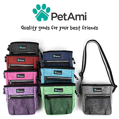 PetAmi Dog Treat Pouch | Dog Training Pouch Bag with Waist Shoulder Strap, Poop Bag Dispenser and Collapsible Bowl | Treat Training Bag for Treats, Kibbles, Pet Toys | 3 Ways to Wear (Heather Gray)