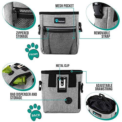 PetAmi Dog Treat Pouch | Dog Training Pouch Bag with Waist Shoulder Strap, Poop Bag Dispenser and Collapsible Bowl | Treat Training Bag for Treats, Kibbles, Pet Toys | 3 Ways to Wear (Heather Gray)