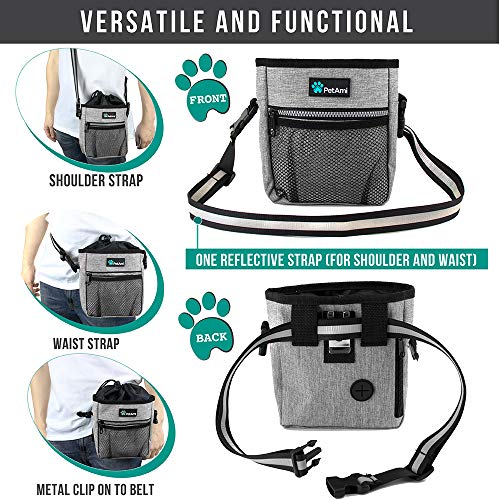 PetAmi Dog Treat Pouch | Dog Training Pouch Bag with Waist Shoulder Strap, Poop Bag Dispenser and Collapsible Bowl | Treat Training Bag for Treats, Kibbles, Pet Toys | 3 Ways to Wear (Heather Gray)