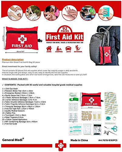 Mini First Aid Kit,92 Pieces Small First Aid Kit - Includes Emergency Foil Blanket, CPR Respirator, Scissors for Travel, Home, Office, Vehicle,Camping, Workplace & Outdoor (Red)
