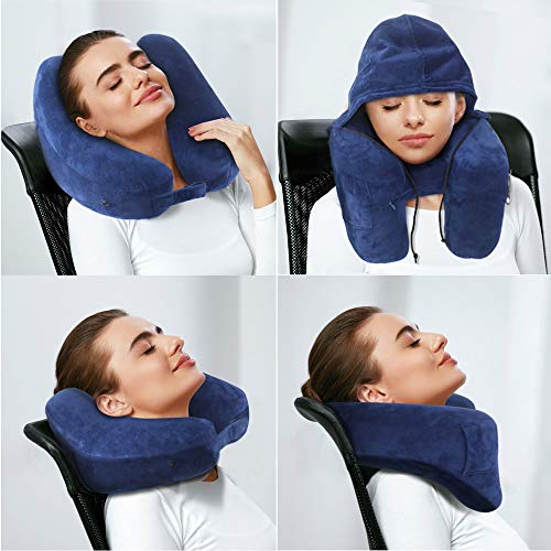 Neck Pillow Inflatable Travel Pillow Comfortably Supports The Head, Neck and Chin, Airplane Pillow with Soft Velour Cover, Hat, Portable Drawstring Bag, 3D Eye Mask and Earplugs (Blue)