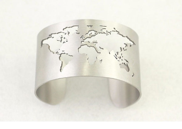 Handmade Travel Cuff Bangle Bracelet World Map Cutting - Silver Plating Fashion Jewelry Accessory