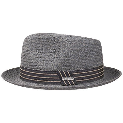 Stetson Carson Fedora Toyo Straw hat - Heathered Summer hat for Men - Paper Straw Sun hat with Striped Grosgrain Ribbon - Stylish Men's hat for Spring/Summer Grey-Blue XL (7 1/2-7 5/8)