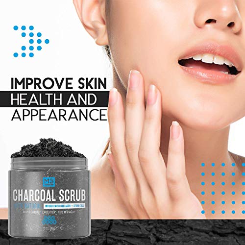 M3 Naturals Activated Charcoal Scrub Infused with Collagen and Stem Cell All Natural Exfoliating Body and Face Polish for Acne Cellulite Dead Skin Scars Wrinkles Cleansing Exfoliator 12 oz