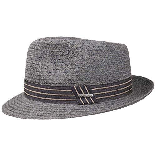 Stetson Carson Fedora Toyo Straw hat - Heathered Summer hat for Men - Paper Straw Sun hat with Striped Grosgrain Ribbon - Stylish Men's hat for Spring/Summer Grey-Blue XL (7 1/2-7 5/8)