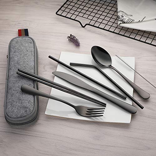 Devico Portable Utensils, Travel Camping Cutlery Set, 8-Piece including Knife Fork Spoon Chopsticks Cleaning Brush Straws Portable Case, Stainless Steel Flatware set (8-piece Black)