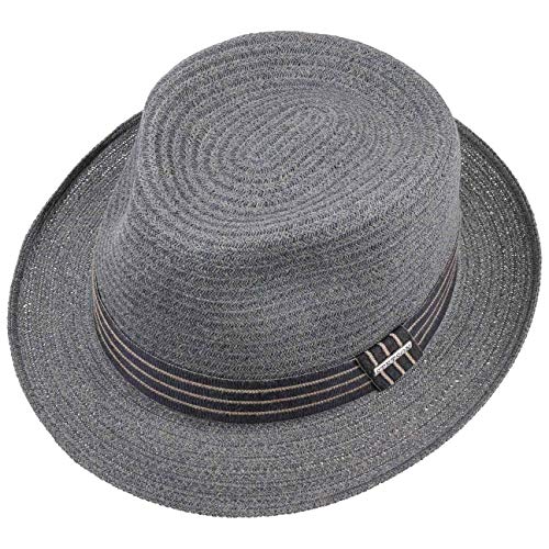 Stetson Carson Fedora Toyo Straw hat - Heathered Summer hat for Men - Paper Straw Sun hat with Striped Grosgrain Ribbon - Stylish Men's hat for Spring/Summer Grey-Blue XL (7 1/2-7 5/8)